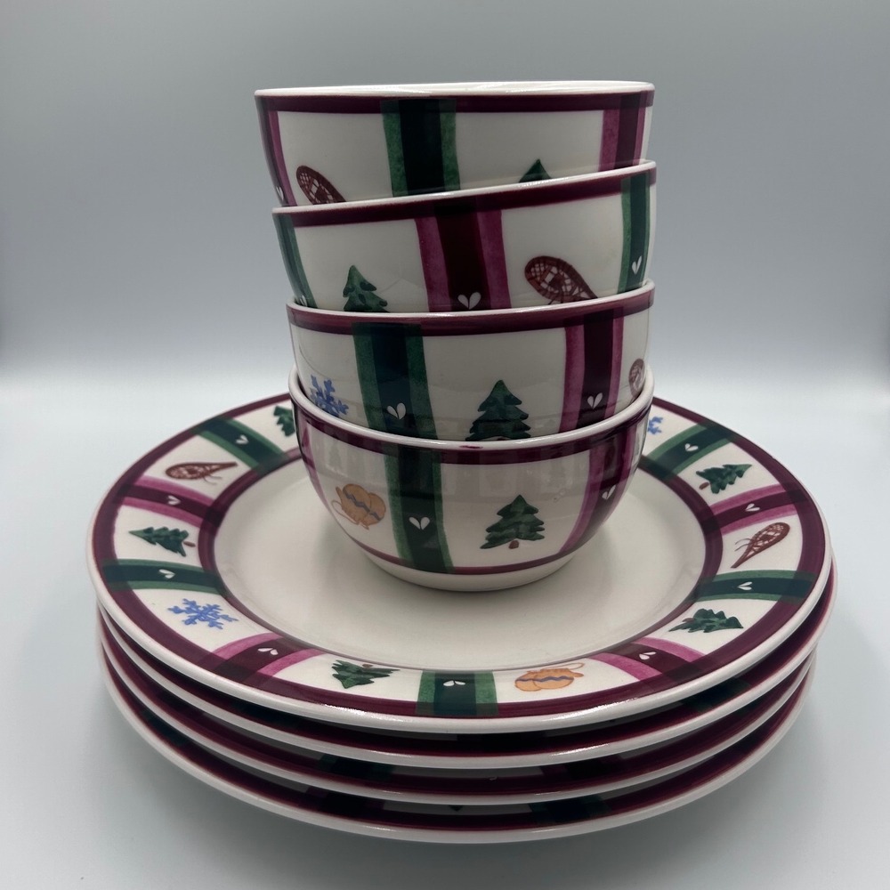 Pfaltzgraff Winterberry Set 4 Bowls 4 Plates Christmas Holiday Stoneware